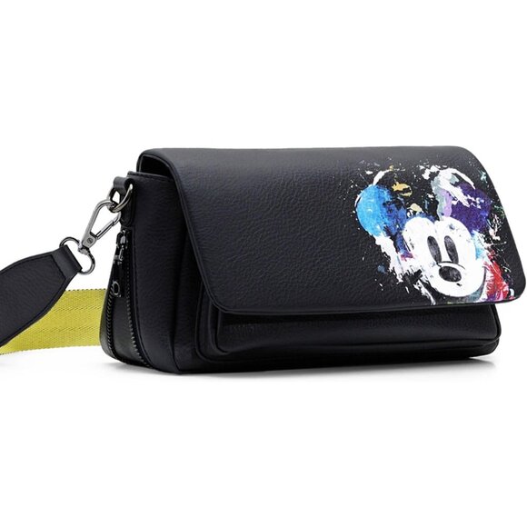 PU Leather Crossbody Bag Women's Black Mickey Mouse Art Compact Organizer - Picture 2 of 4